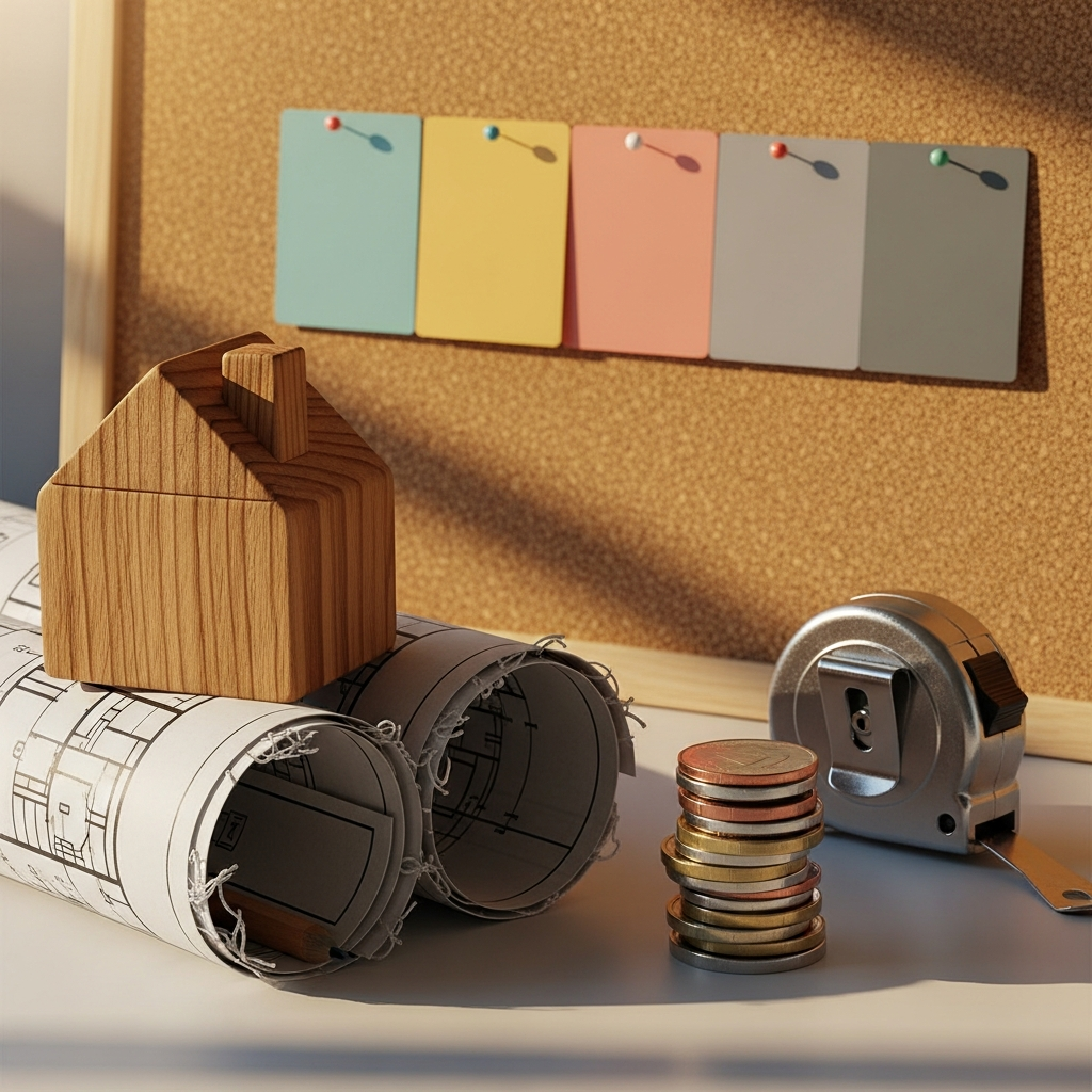 A tidy project-planning vignette: a small wooden house model sits on top of rolled blueprints beside a row of colored index cards pinned to a corkboard (no legible text), a tape measure and a neat pile of coins nearby to suggest contingency planning and realistic estimates. This image reinforces pre-remodel budgeting and focused scope-setting before demolition.
