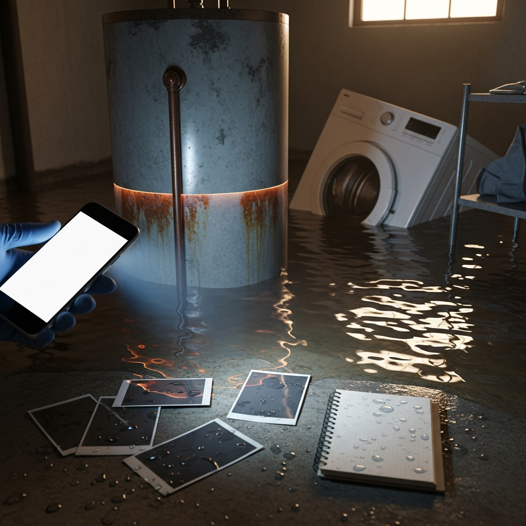 Focused scene of documentation: a gloved hand holding a smartphone taking a wide-angle photo of a flooded basement, capturing close-ups of a waterline on a water heater and submerged appliances; scattered photo prints and a small notebook lie nearby to suggest methodical evidence gathering for an insurance claim.
