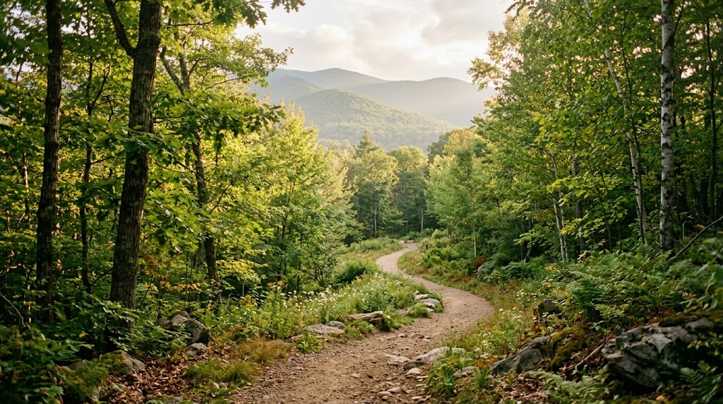 Winding dirt path through a lush green forest with mountains in the distance.