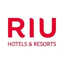 The logo for RIU Hotels & Resorts, featuring the word 'RIU' in a bold, red, stylized sans-serif typeface. Below this, the words 'HOTELS & RESORTS' are written in a smaller, thinner red font. The entire logo is set against a plain white background, creating a high-contrast and professional look.