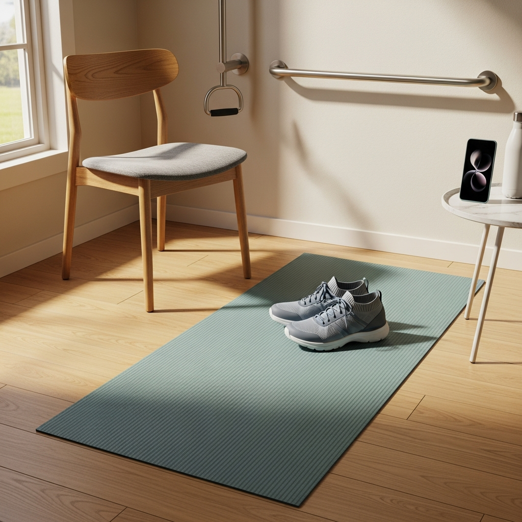 Inviting exercise corner that boosts confidence: a well-lit, clutter-free nook with a non-slip mat, a sturdy chair against a wall-mounted grab bar, a pair of supportive closed-toe shoes on the mat, and a phone on a small table within reach—conveying a safe, repeatable place to practice.