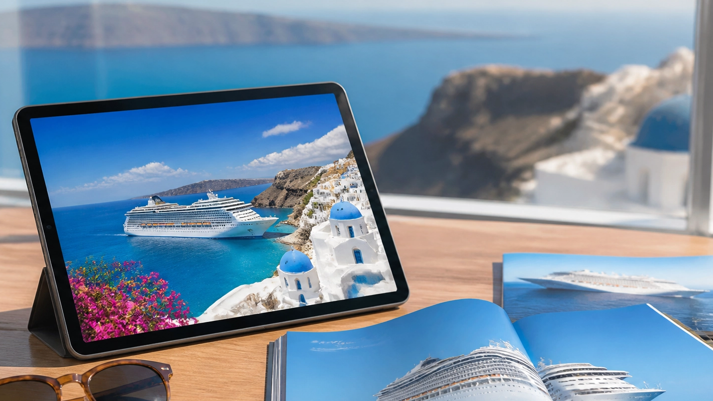 Tablet showing a cruise ship near Santorini, with cruise brochures and sunglasses on a desk overlooking the sea.