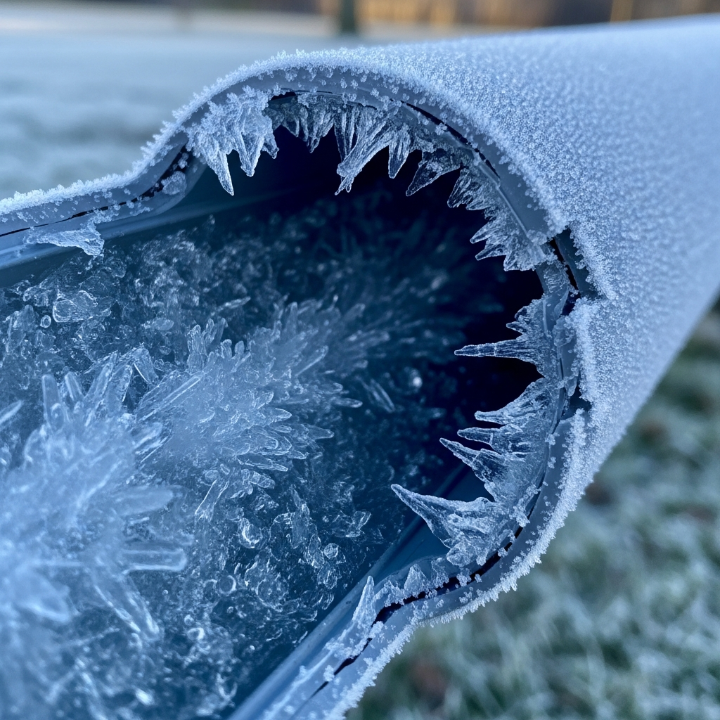 Macro cross‑section visualization of a plastic irrigation pipe split open to reveal water turning to ice inside: crystalline ice expanding and forcing jagged cracks in the pipe wall, with a faint frosty lawn and bare-branched tree in the blurred background to suggest local freeze timing. This directly illustrates the 9% expansion concept and how trapped water causes bursts.